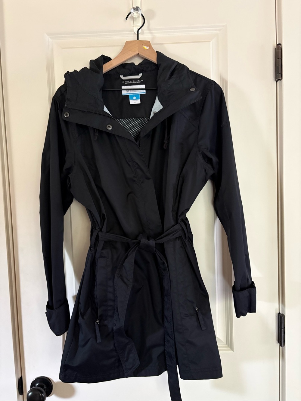 Columbia Black Hooded Trench with Waist Tie
